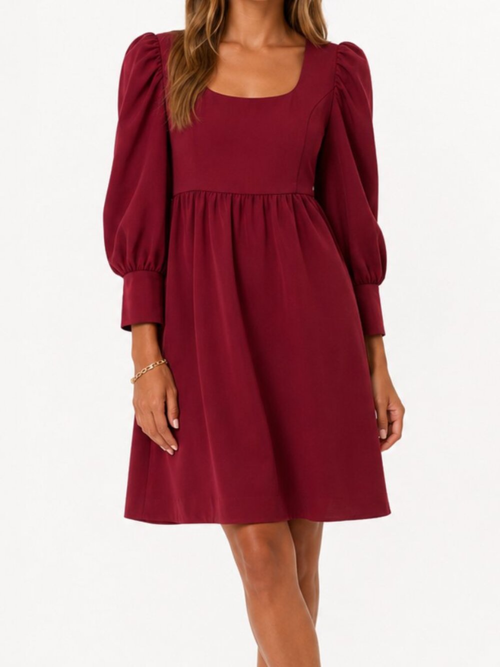 Pomander Place Burgundy Puff-Sleeve Square-Neck Dress